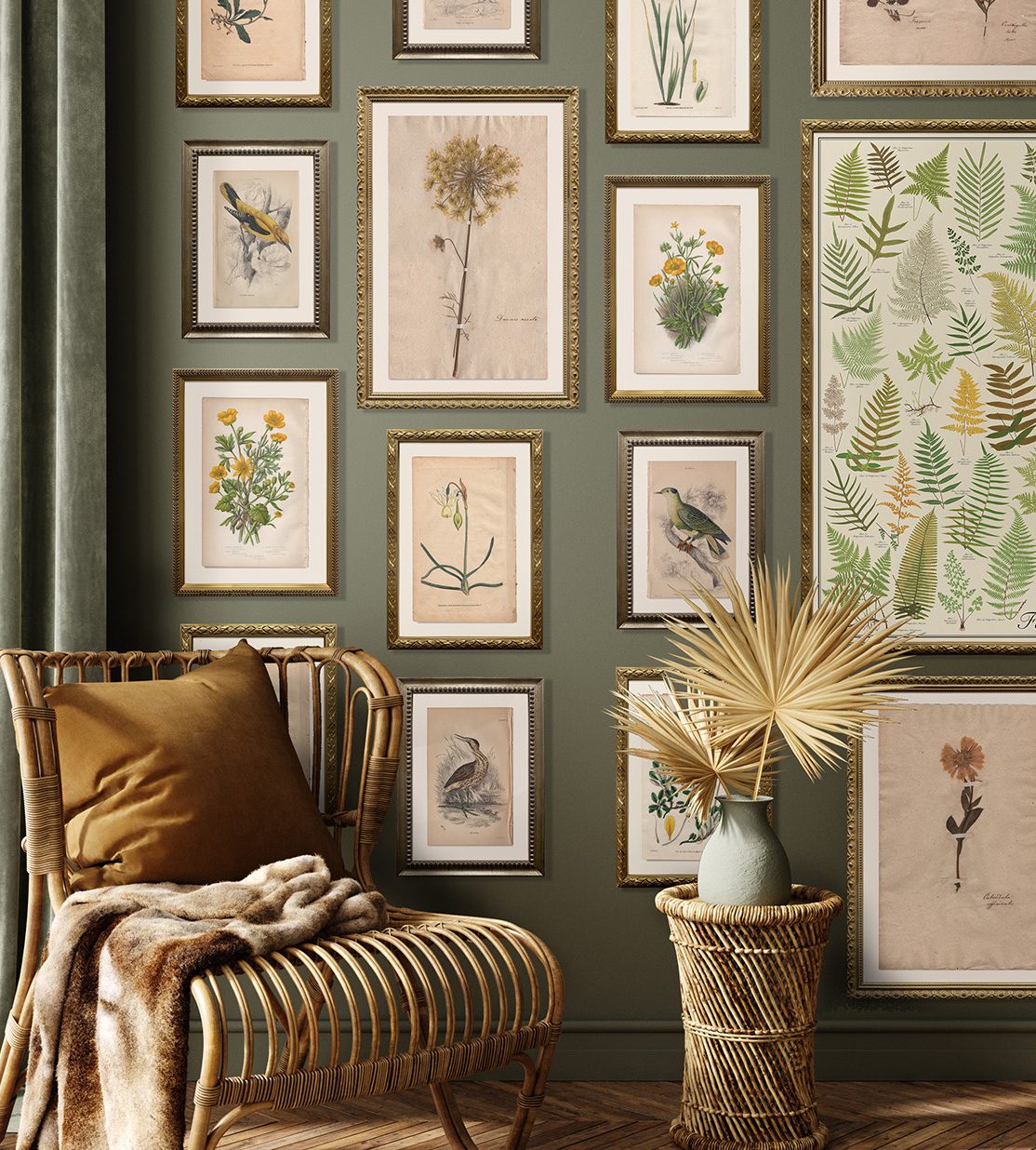 Salon-style gallery wall with artwork floor to ceiling.