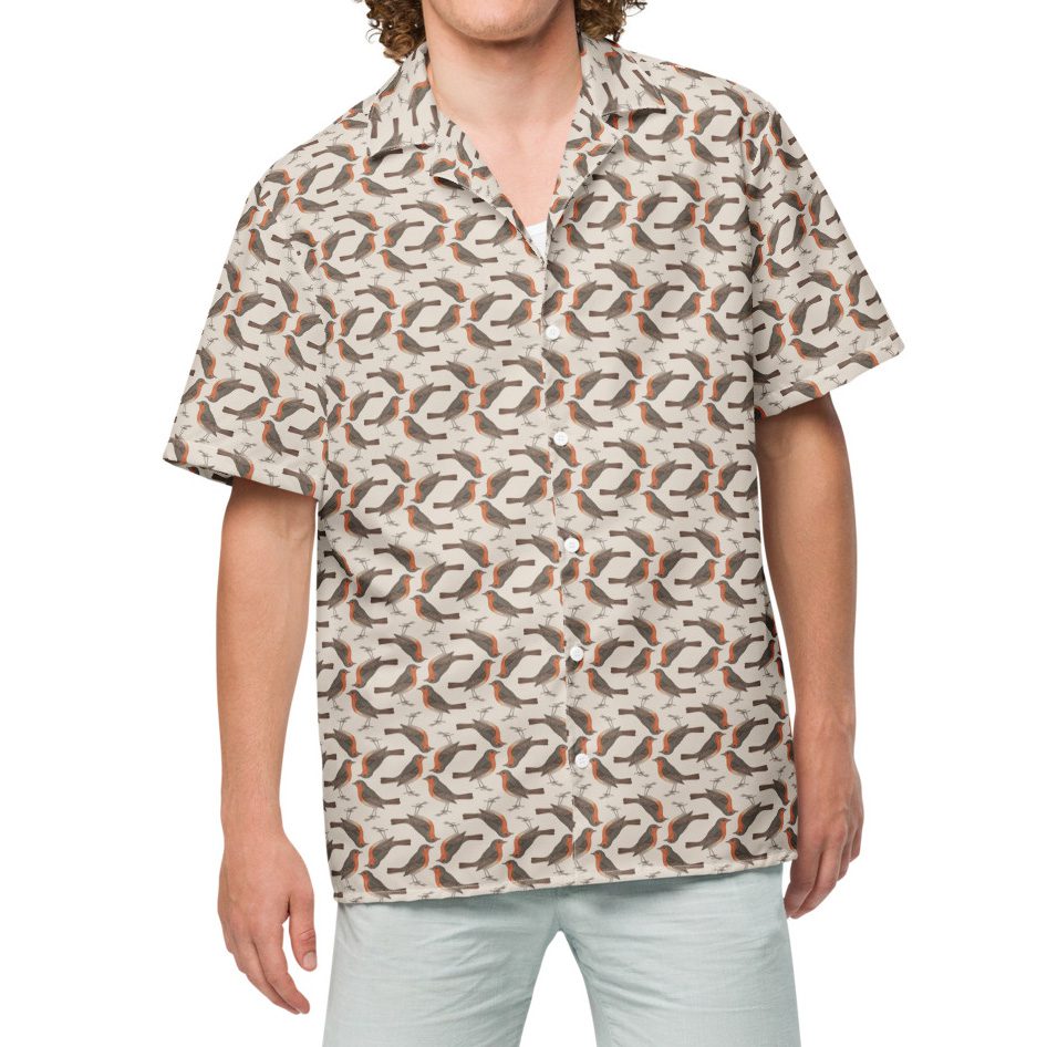Recycled Unisex Button-Down Short-Sleeve Shirt - Robin Birdwatching Collection - Cream