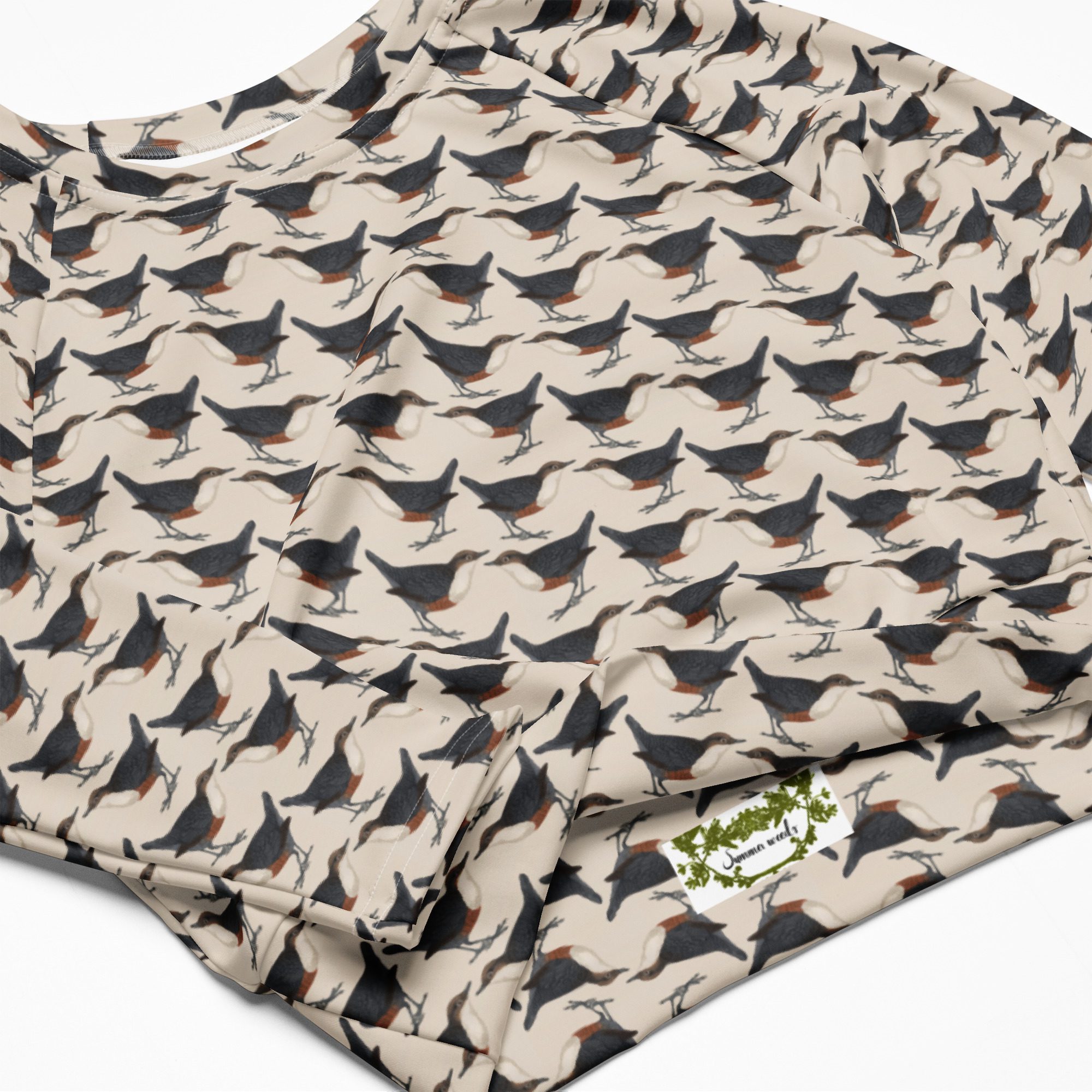 Recycled Long-sleeve Crop Top - Dipper Birdwatching Collection - Cream