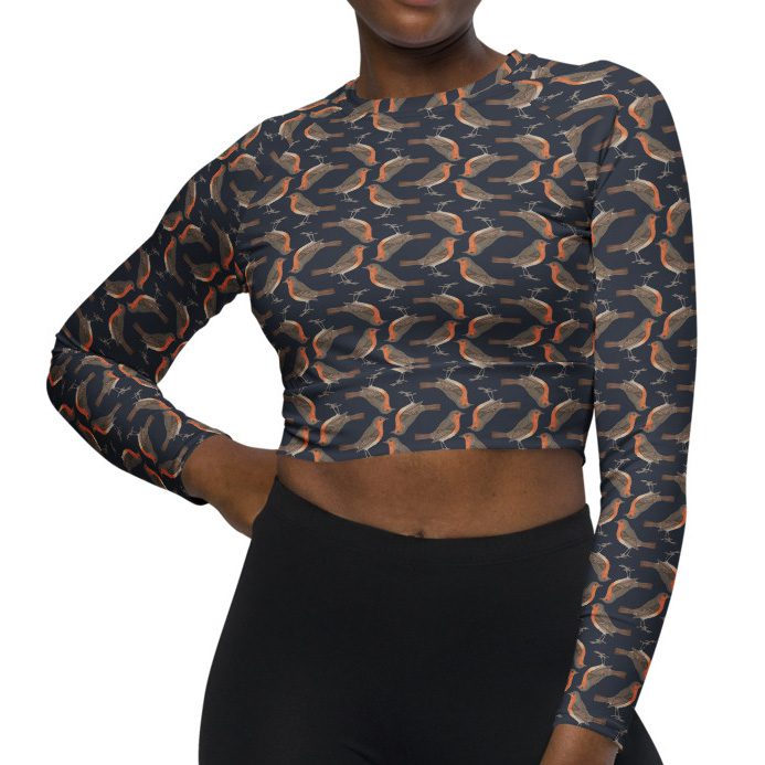 Recycled Long-sleeve Crop Top - Robin Birdwatching Collection - Navy