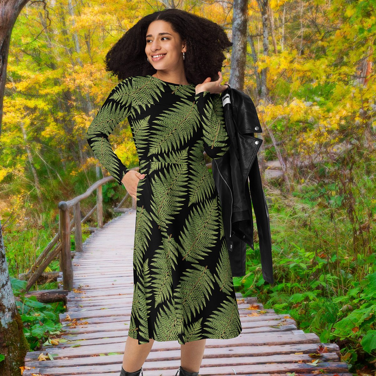 Long-sleeve Midi Dress - Greenleaf Fern Hiking Collection