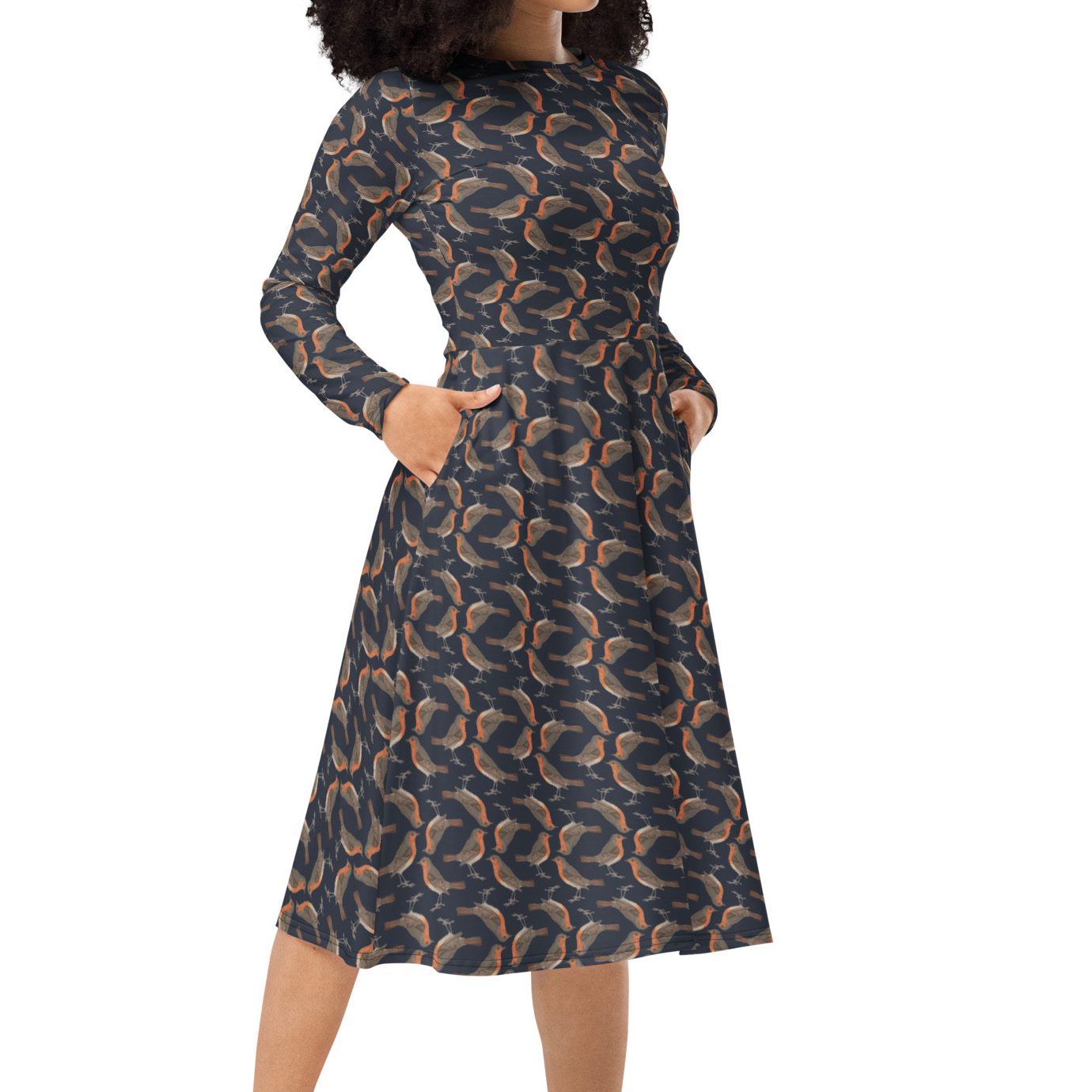 Long-sleeve Midi Dress - Robin Birdwatching Collection - Navy