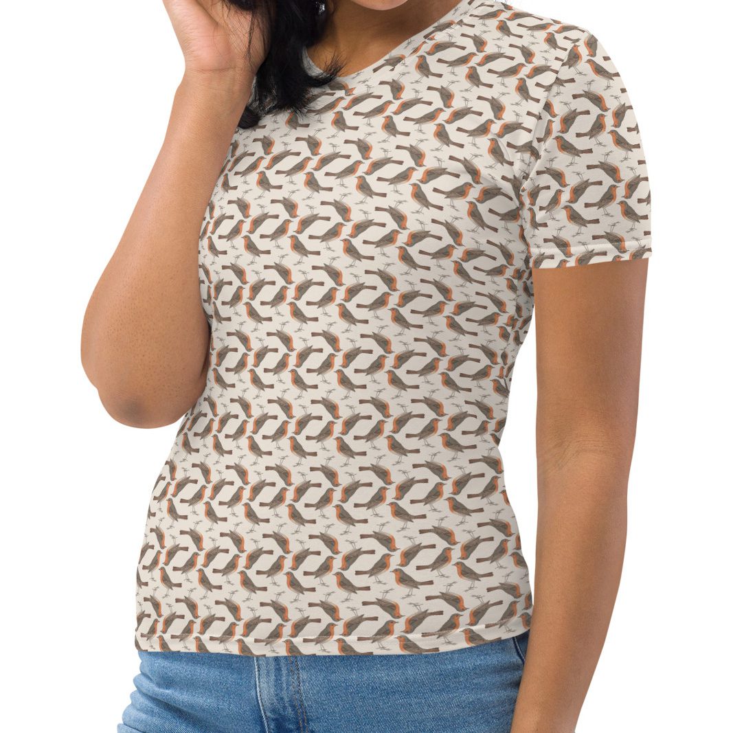 Women's Short-sleeve T-shirt - Robin Birdwatching Collection - Creaminterior with natural history art and earth tones.